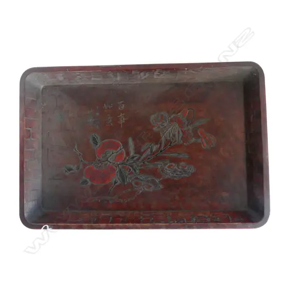 KAMAKURA JAPANESE CARVED WOODEN TRAY with persimmon decoration. L.630mm 