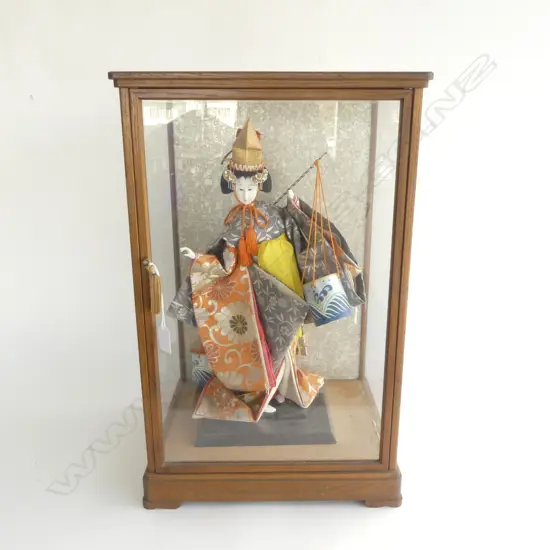 JAPANESE DOLL IN DISPLAY CASE 365x305x570mm EX JOHN PERRY ESTATE
