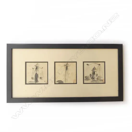3 ORIENTAL INK & WASH WOMAN FIGURE STUDIES in 1 frame. 250 x 500mm. Ex. The estate of John Perry