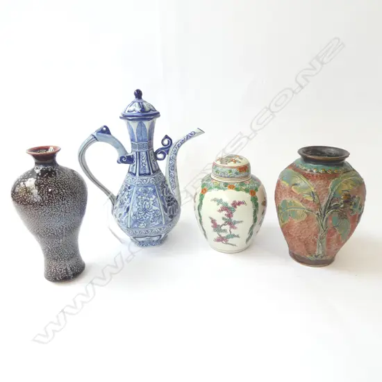 3 CHINESE VASES (1 w. rim chip) + B/W JUG H.250mm