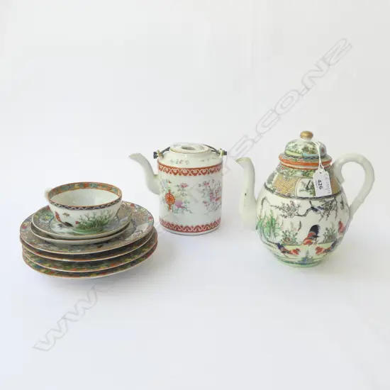 2 CHINESE TEAPOTS + TEACUP, 2 SAUCERS, 5 SIDE PLATES 185mm dia