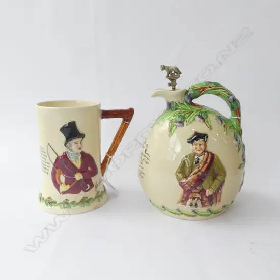 CROWN DEVON WHISKEY JUG AULD LANG SYNE H190 & CROWN DEVON MUG JOHN PEEL H155MM