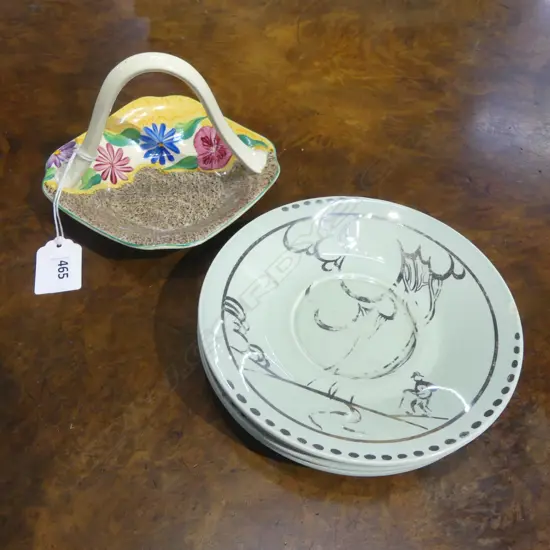 CLARICE CLIFF 4 X  'AUREA' PATTERN SAUCERS + 'NASTURTIUM' over-head handled DISH. H.95mm