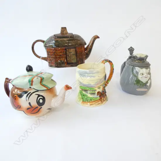 4 PCS; 2 VINTAGE TEAPOTS, WADE/STAFFORDSHIRE, CROWN DEVON MUSICAL TANKARD & PORCELAIN/PEWTER SHAMROCK PIG COOKIE JAR