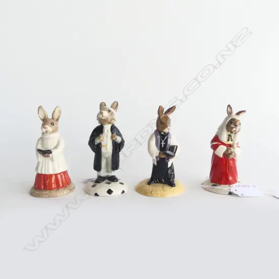 4 ROYAL DOULTON BUNNYKIN FIGURINES; CHOIR SINGER, VICAR, LAWYER & JUDGE