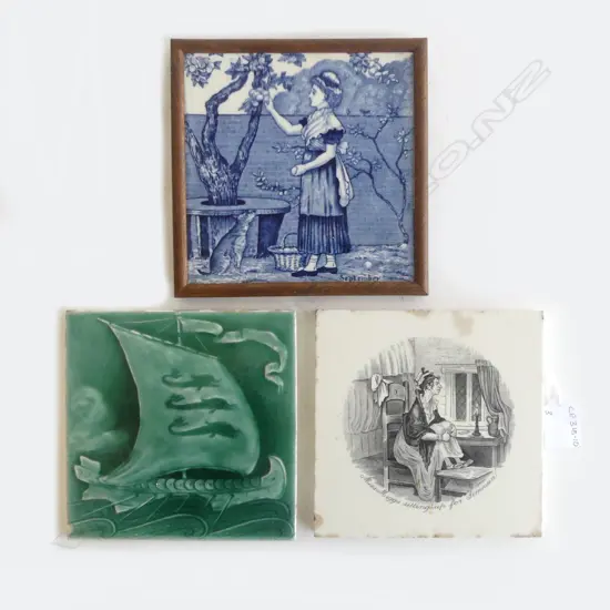 19THC TILES - WEDGWOOD 'SEPTEMBER'/CHARLES DICKENS CHARACTER/VIKING SHIP 152 x 152 x 152mm