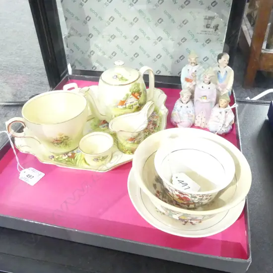 ROYAL WINTON BREAKFAST TEASET, 3PCs 19thC HAND PAINTED CHINOISERIE, GRP GERMAN BISQUE PORCELAIN NODDING FIGS