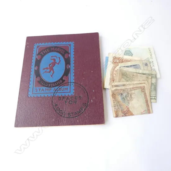 ASST. WORLD BANK NOTES + WORLD STAMP ALBUM