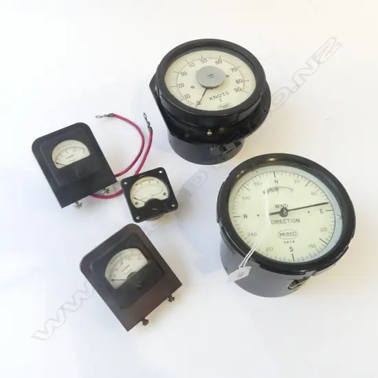 5 VINTAGE METERS; 3 AMPERES, KNOTS, WIND DIRECTION 150mm dia