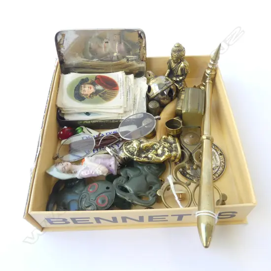 COLLECTABLES INCLDS; EARLY 20thC CIGARETTE SILKS 'The Old Masters', BRASS BUDDHA & GANESH, CANDLE SNUFFER & SML TACK HAM
