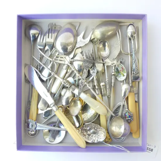 ASST. OLD CUTLERY INCLDS MOP & IVORY HANDLED, SALT SPOONS & CADDY SPOONS