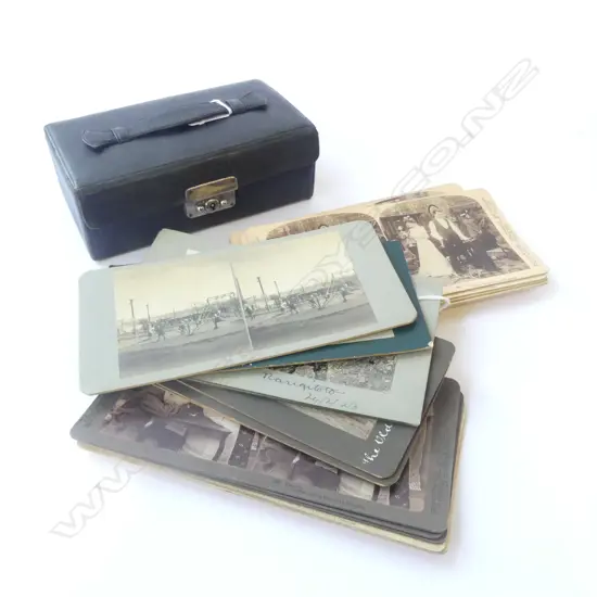 VINTAGE LEATHER JEWELLERY CASE + 20 ASST. STEREOVIEW CARDS