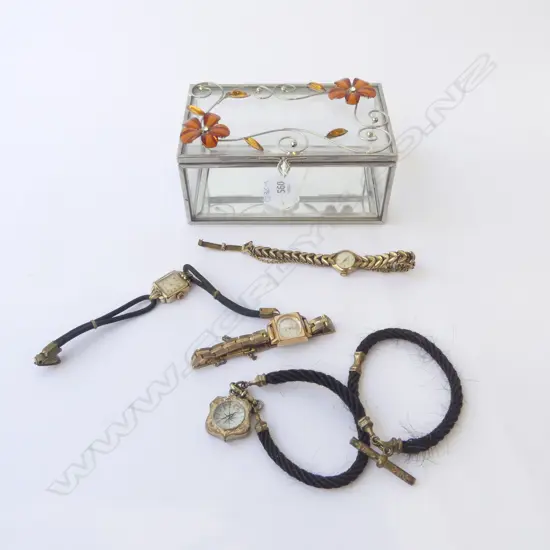 3 OLD WATCHES & VICTORIAN? COMPASS (FAULTS) + JEWELLERY BOX