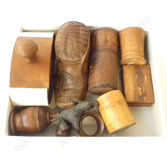 TREEN ITEMS - INK BLOTTER, BOX, CONTAINERS, SCOTTIE DOG NAPKIN RING, ETC