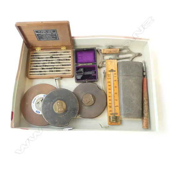 ASSTD. COLLECTIBLES STEEL MEASURING TAPES, TYPE PRINT, VIEWER, THERMOMETER ETC 