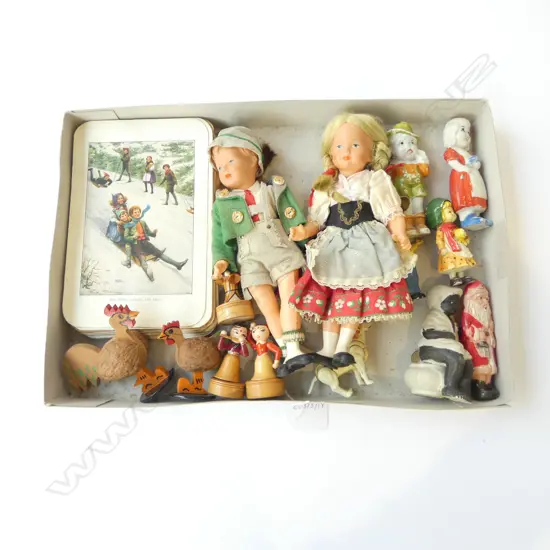 BAVARIAN DOLLS, BISQUE CHILD FIGURES, WALNUT ROOSTERS, CARDS ETC 