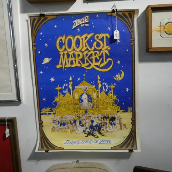 A 1970s vintage 'Cook St. Market' poster promoting 'A Rare Blend of Ztuff'. Published by Zpaceworkz... Auckalnd Wezt... (Plan-it Earth). 600 x 445. Note: Born in California in 1946
