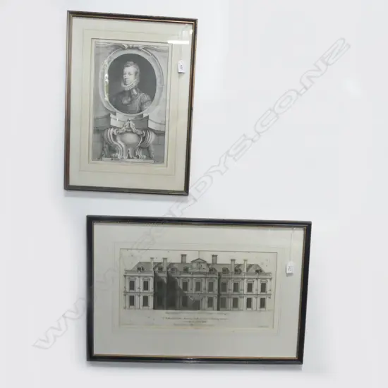 2 ANTIQUE ETCHINGS; SIR PHILLIP SYDNEY 380x245mm + ARCHITECTURAL ELEVATION ALTHROP HOUSE 260x505mm foxing