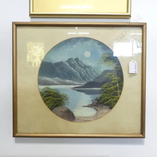 C1900 oil on plate MOONLIT LANDSCAPE Dia.235mm