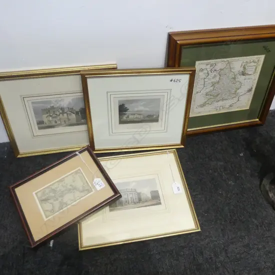 MAP OF ENGLAND C.1790 190x210mm, SOUTH SEA ISLANDS BULL 1831 85x140mm, 3 HAND COLOURED ENGRAVINGS ENGLISH BUILDINGS