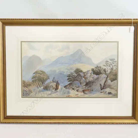 19thC NZ COLONIAL W/C w. 2 MAORI FIGURES IN EXTENSIVE LANDSCAPE - INDISTINCTLY SIGNED 315x550mm