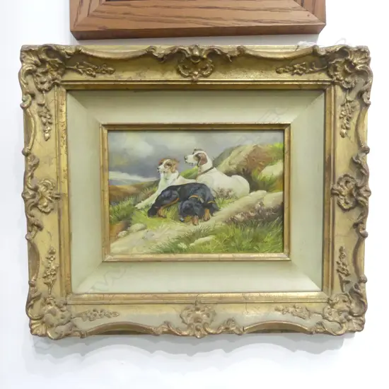 19THC OIL PAINTING OF DOGS GILT FRAME 130 x 170mm