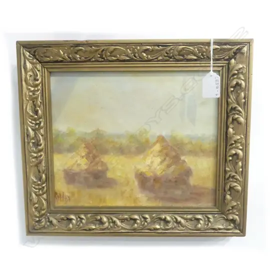 OIL PAINTING OF HAYSTACKS GILT FRAME 200 x 250mm