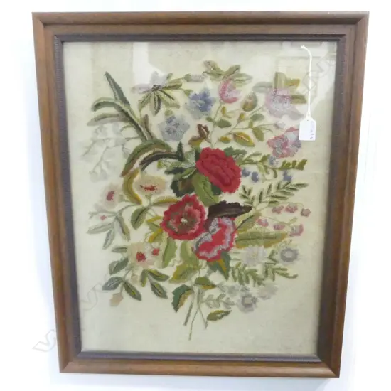 FRAMED CREWEL WORK FLORAL EMBORIDERY 525x420mm