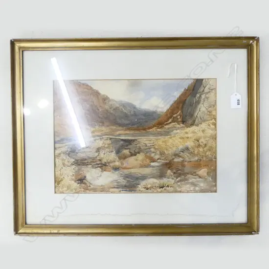 19thC LANDSCAPE WC, ARTIST UNKNOWN 260x375mm Untitled river valley scene. Very finely painted. Water marks to mount.