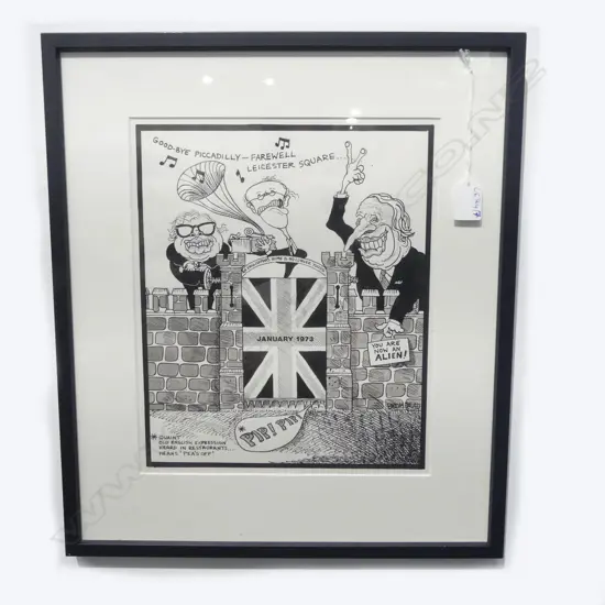 ORIGINAL PETER BROMHEAD CARTOON 'GOOD-BYE PICCADILLY FAREWELL LEICESTER SQUARE' JANUARY 1973 325x270mm