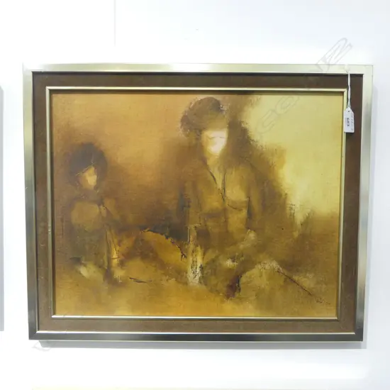 MARGERET WOOLLEY untitled two woman OIL ON CANVAS BOARD signed & dated 1982 verso 345 x 440mm