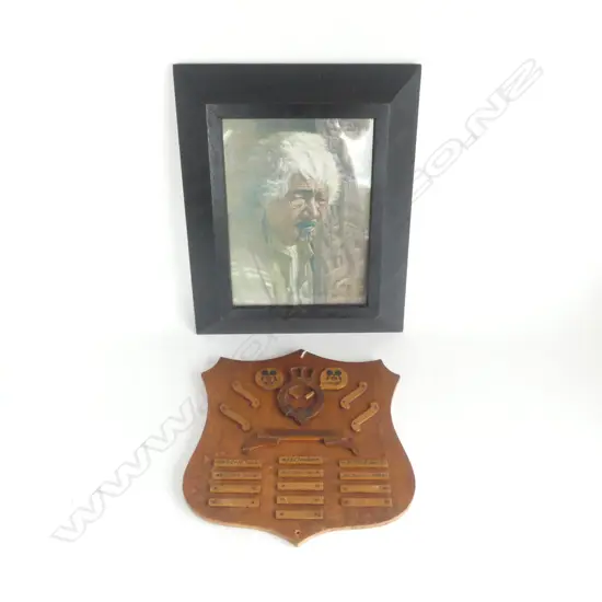 NZ LANDS AND SURVEY 1957 TABLE TENNIS AWARD WOODEN SHIELD, H.300mm & GOLDIE PRINT IN OLD FRAME 430 x 320mm (INCL. FRAME)