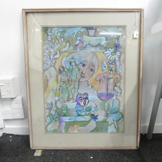 ELINORE GINN 'PORTRAIT THROUGH A CABINET OF CURIOSITIES' - GOUACHE  600 x 450mm FRAME FAULTED
