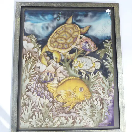 SIGNED LGE FABRIC ARTWORK, TURTLE & FISH IN CORAL 990x780mm in glazed silvered finished frame.