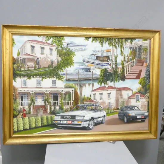 HOUSE AT 37 PORTLAND RD / BOAT / CAR PORTRAIT SIGNED ELSWORTH, ACRYLIC ON CANVAS 625x900mm