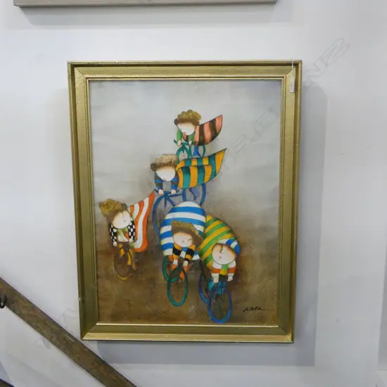 SIGNED ACRLIC ON CANVAS AFTER JOYCE ROYBAL 'THE CYCLISTS' 595x445mm