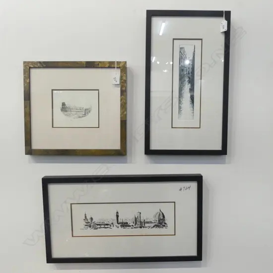 FLORENCE, PEN & INK 100 X 330mm (foxing), VENICE CANAL ETCHING 280 x90mm & COLOSSEUM ROME, ETCHING 177/300,120x150mm