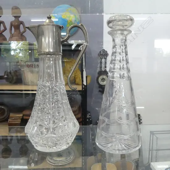 CRYSTAL DECANTER + PEWTER & CUT GLASS WATER JUG H 330 MM