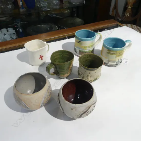 STRAHAN CLARKE POTTERY; 5 CUPS (2 BY BARTLETT, NELSON) & 2 BOWLS