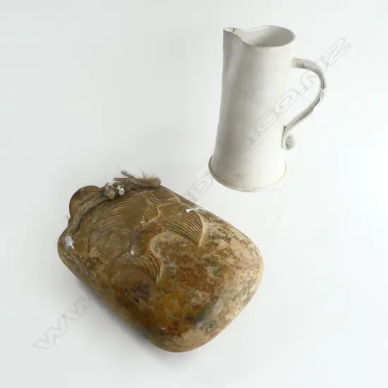 STUDIO POTTERY WALL  BOTTLE FISH DESIGN H430MM  & WHITE ITALIAN POTTERY JUG H300MM