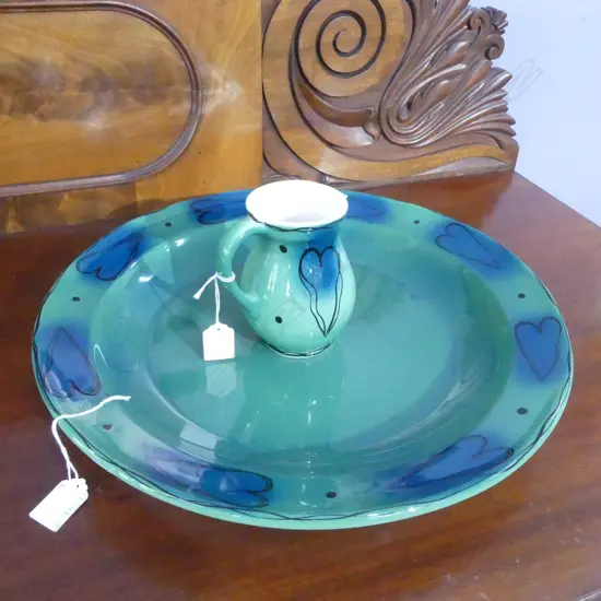 LARGE N.Z. STUDIO CERAMICS STAMPED SHALLOW BOWL Dia.420mm + JUG H.130mm