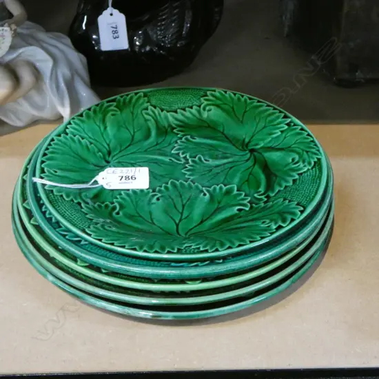 5 GREEN MAJOLICA SIDE PLATES 230mm dia