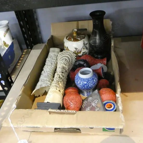 ASST. ORIENTAL ITEMS; CINNABAR VASES, INDONESIAN CARVED BONES, ETC