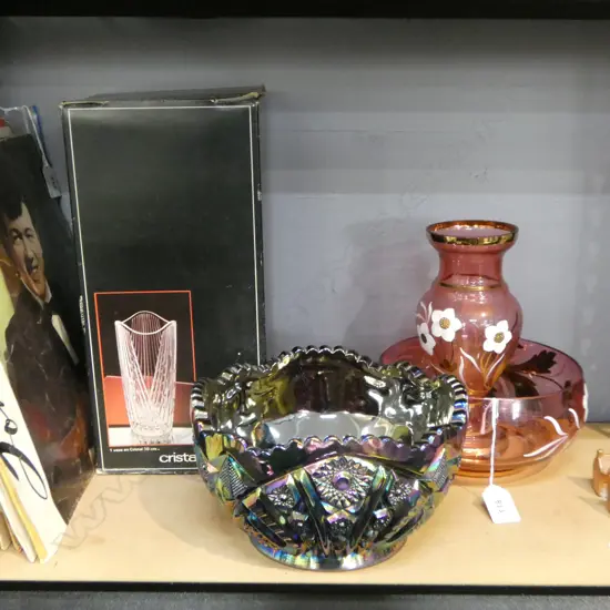 PINK GLASS BOWL & VASE H.215mm, CARNIVAL GLASS BOWL 215mm dia + CRISTAL D'ARQUES VASE H.300mm