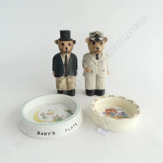 2 BABY PLATES SHELLEY MABEL LUCIE ATTWELL 'THE MAN IN THE MOON' Dia 200mm & R/D BUNNYKINS + 2 WOODEN BEARS H.245mm
