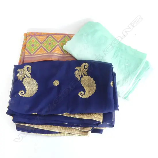 3 INDIAN SARI: Navy with gold embroidery + orange printed + pale green embroidered