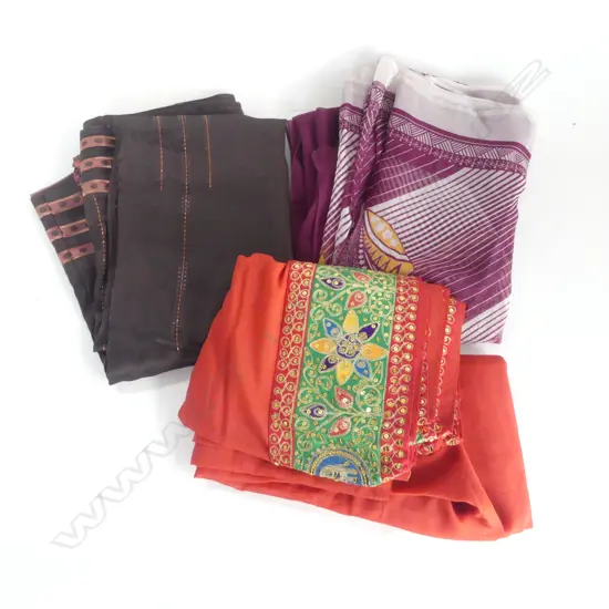 3 INDIAN SARI: Orange w wide embroidered border + maroon printed + chocolate toned w stripes