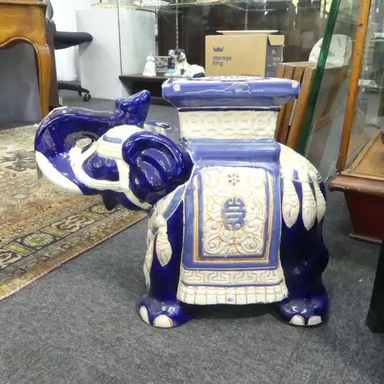 BLUE CERAMIC ELEPHANT STOOL H.395mm