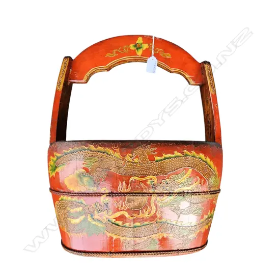 ORIENTAL RED LACQUERED COOPERED CONTAINER with over-head handle finely dragon decorated H.500mm