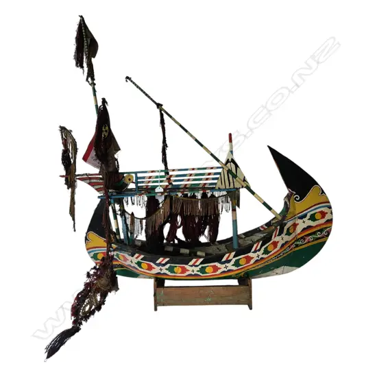 THAILAND DECORATIVELY CARVED & PAINTED MODEL SHIP L.770mm on stand Ex. Monsoon Poon restaurant.